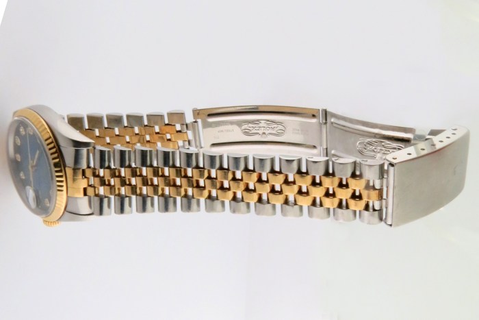 ROLEX 16233 Mens 2-Tone Datejust Vignette Blue Dial Diamond Markers Yellow Gold Fluted Bezel Jubilee Bracelet 36mm. Circa 1995 Great Collectible Watch
