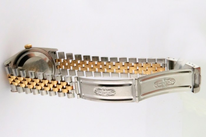 ROLEX 16233 Mens 2-Tone Datejust Vignette Blue Dial Diamond Markers Yellow Gold Fluted Bezel Jubilee Bracelet 36mm. Circa 1995 Great Collectible Watch