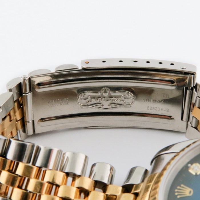 ROLEX 16233 Mens 2-Tone Datejust Vignette Blue Dial Diamond Markers Yellow Gold Fluted Bezel Jubilee Bracelet 36mm. Circa 1995 Great Collectible Watch