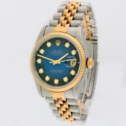 ROLEX 16233 Mens 2-Tone Datejust Vignette Blue Dial Diamond Markers Yellow Gold Fluted Bezel Jubilee Bracelet 36mm. Circa 1995 Great Collectible Watch