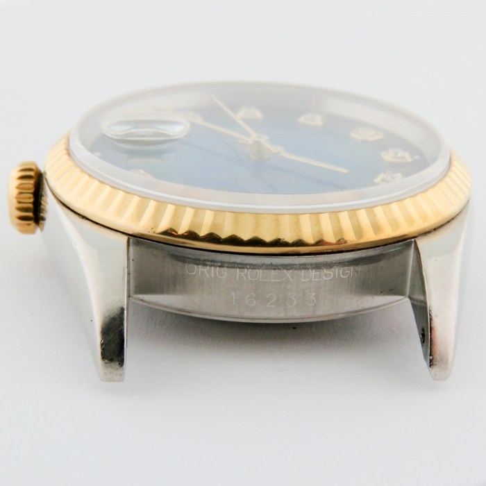 ROLEX 16233 Mens 2-Tone Datejust Vignette Blue Dial Diamond Markers Yellow Gold Fluted Bezel Jubilee Bracelet 36mm. Circa 1995 Great Collectible Watch