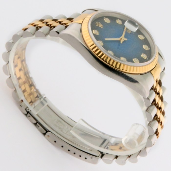 ROLEX 16233 Mens 2-Tone Datejust Vignette Blue Dial Diamond Markers Yellow Gold Fluted Bezel Jubilee Bracelet 36mm. Circa 1995 Great Collectible Watch