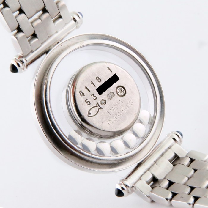 Chopard Ladies Happy Diamonds with 7 Floating Diamonds and Fully Diamond Set Bezels. 18K White Gold Bracelet Ladies Wristwatch Ref.204993 25mm. MSRP $24,370