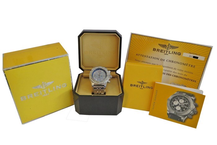 BREITLING Mens Super Avenger Customized Diamond MOP Blue Dial & Bezel 48mm Chronograph Stainless Steel Wristwatch. Box & Paper Ref. A13370.