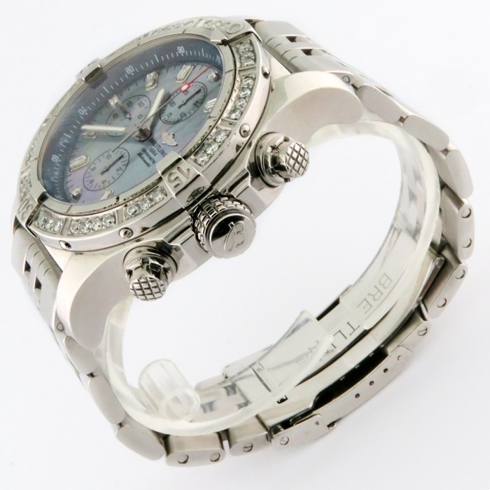 BREITLING Mens Super Avenger Customized Diamond MOP Blue Dial & Bezel 48mm Chronograph Stainless Steel Wristwatch. Box & Paper Ref. A13370.