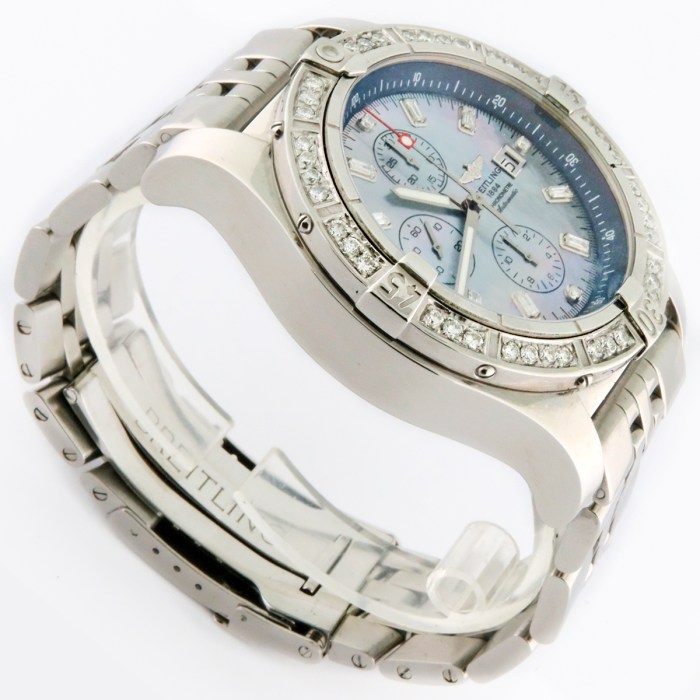 BREITLING Mens Super Avenger Customized Diamond MOP Blue Dial & Bezel 48mm Chronograph Stainless Steel Wristwatch. Box & Paper Ref. A13370.