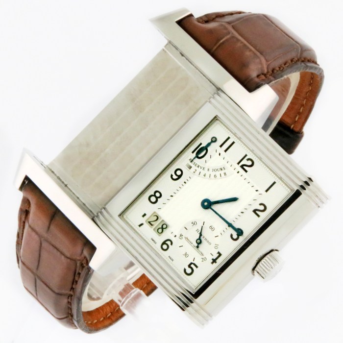 Jaeger-LeCoultre Reference Q3008420 240.8.15 Stainless Steel Reverso Grande Date 8-Days Power Reserve Mens Watch. Dimensions 29x47mm. Retail Price MSRP $11,800.