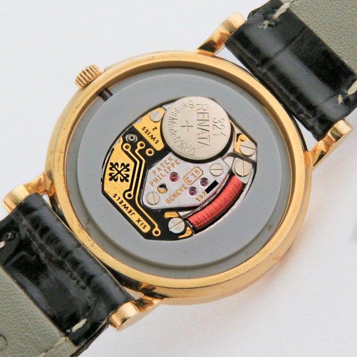 Gold watch with a transparent back showing the inner quartz movement and red coil, attached to a black leather strap.