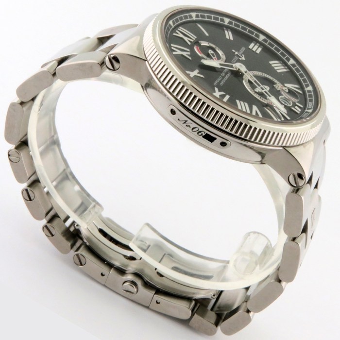 Ulysse Nardin Marine Chronometer Manufacture Automatic Wristwatch Black Dial. Reference for this watch is 1183-122-7M/42 in stainless steel. 45mm. MSRP $11,500
