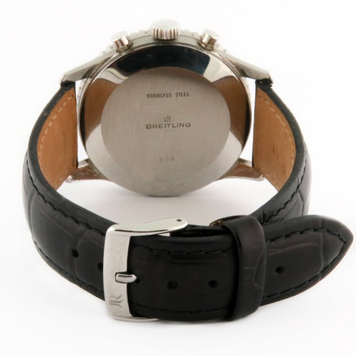 Breitling stainless steel watch back with black leather strap and silver buckle clasp visible