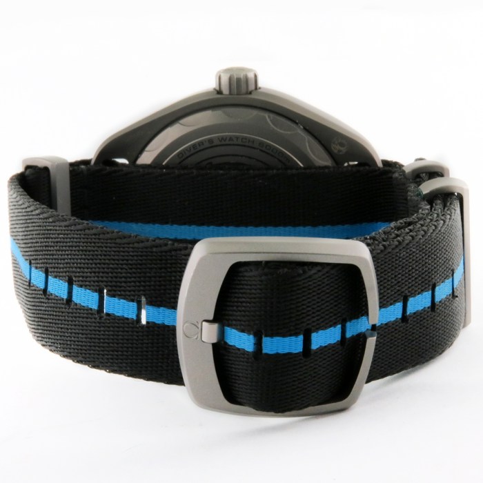 Back view of a black nylon watch strap with a blue stripe and a gray metal buckle, the watch case partially visible behind the strap.