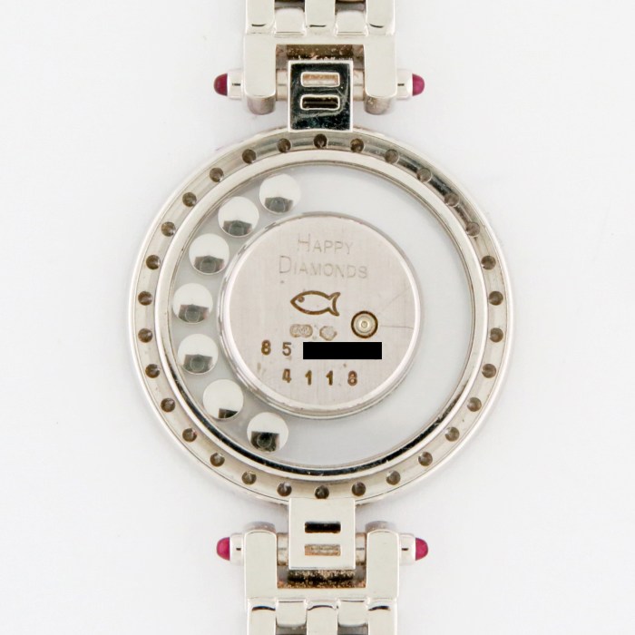 Chopard Ladies Happy Diamonds with 7 Floating Diamonds and Fully Diamond Set Bezels. 18K White Gold Bracelet Ladies Wristwatch Ref.204846 26mm. MSRP $26,590