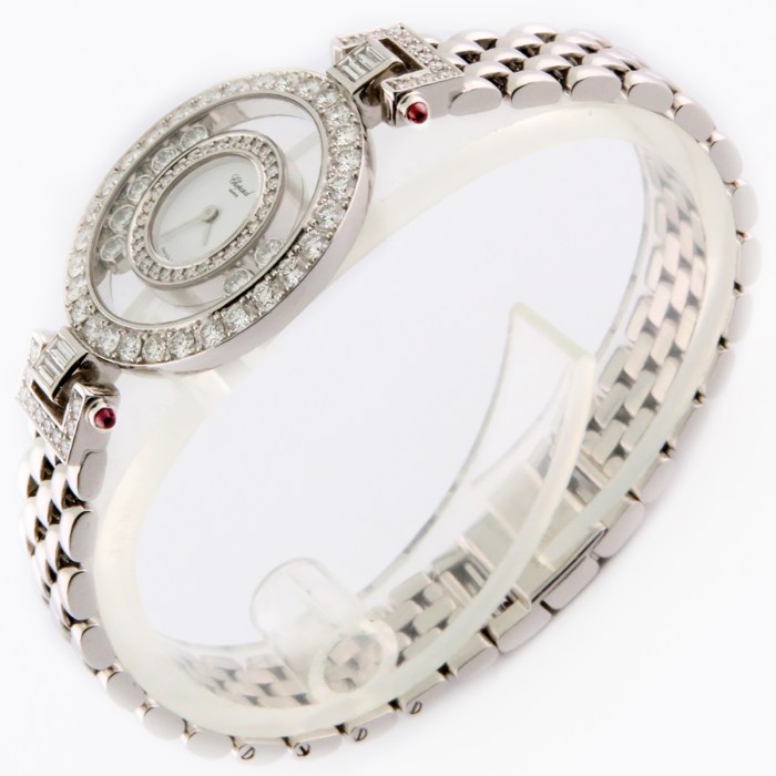 Chopard Ladies Happy Diamonds with 7 Floating Diamonds and Fully Diamond Set Bezels. 18K White Gold Bracelet Ladies Wristwatch Ref.204846 26mm. MSRP $26,590