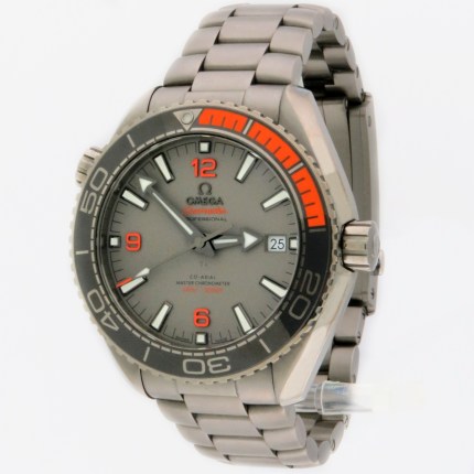 Omega Seamaster Planet Ocean Ti on Ti Bracelet Orange on Grey Bezel 43.5mm Master Co-Axial on Stainless Steel Bracelet. Ref 215.90.44.21.99.001 MSRP $10,400