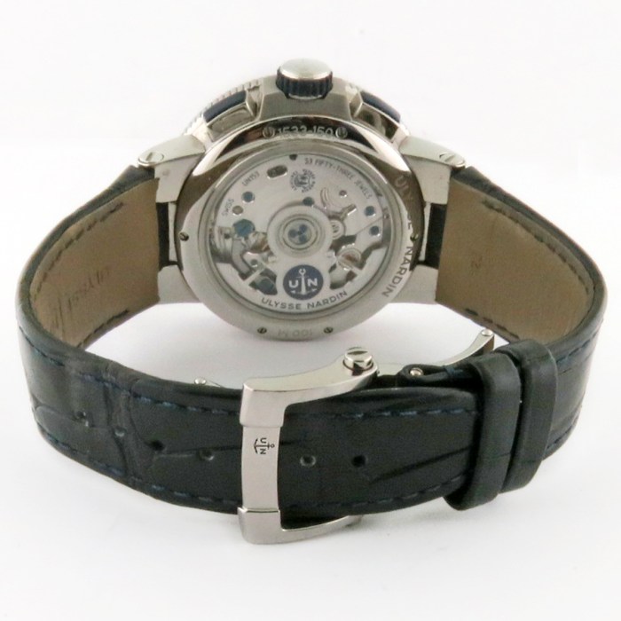 Ulysse Nardin Marine Chronograph Annual Calendar Stainless Steel Mens Wristwatch. Original Blue Sunburst Brushed Dial with Box. Ref 1533-150/43. Diameter 43mm