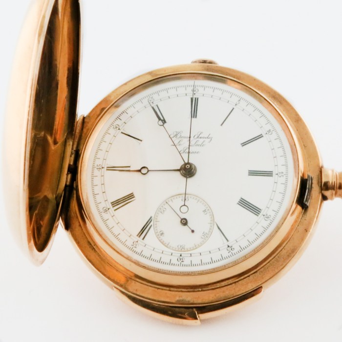 HENRI SANDOZ (SWISS) 14K Yellow Gold Hunting Case 5-Minute Repeater Chronograph Pocket Watch 55mm. High quality Complicated Antique Pocket Watch Circa 1880s.