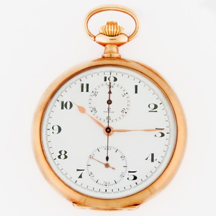 Omega 14K Solid Gold Chronograph Pocket Watch from 1910s with Original Box. Movement is the famous 18'''CHRO calibre. 50mm, in Excellent Condition.