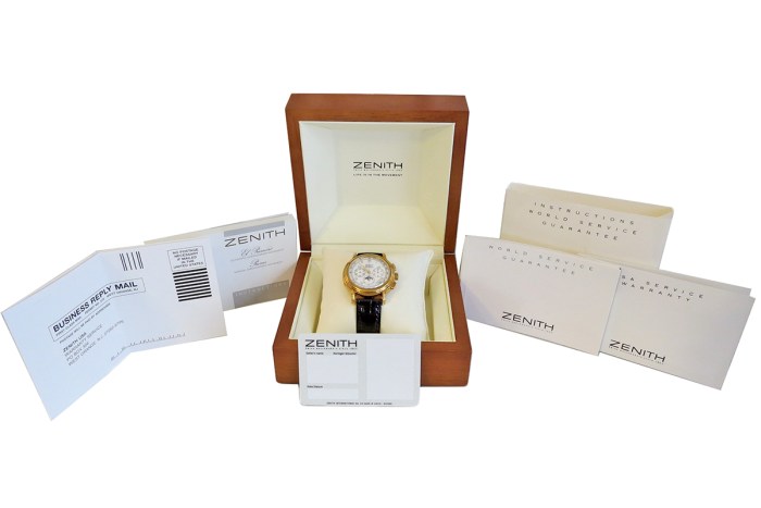 Zenith 18K Yellow Gold Chronomaster El Primero Mens Automatic Triple Date Moonphase Chronograph 30.0240.410. Manufacture Suggested Retail Price (MSRP) $17,800.