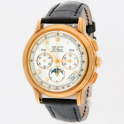 Zenith 18K Yellow Gold Chronomaster El Primero Mens Automatic Triple Date Moonphase Chronograph 30.0240.410. Manufacture Suggested Retail Price (MSRP) $17,800.