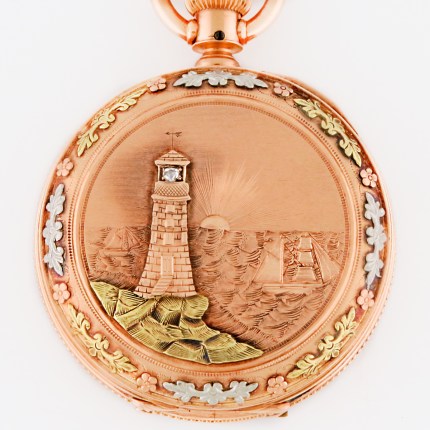 Antique ELGIN 14K 8-Size 43mm Grade 94 Circa 1884 11j High Relief Lighthouse Hunter Case Multi-Color Solid Gold Heavy Case Pocket Watch. Rare Heirloom.
