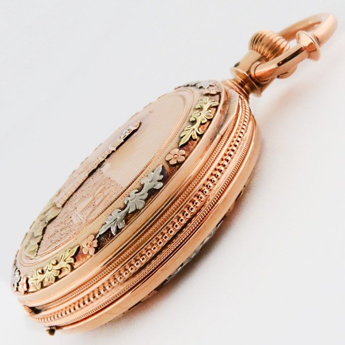 Antique ELGIN 14K 8-Size 43mm Grade 94 Circa 1884 11j High Relief Lighthouse Hunter Case Multi-Color Solid Gold Heavy Case Pocket Watch. Rare Heirloom.