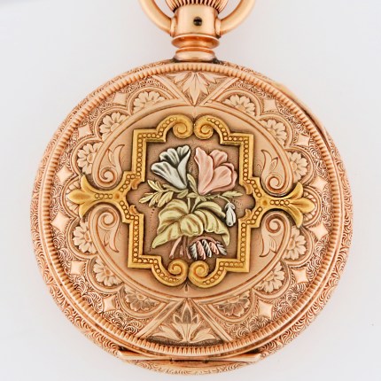 Heirloom Quality Elgin 18s Size 14K Solid Multi/Tri-Color Gold Hunting Case Pocket Watch. Flora Rose & Morning Glory High Relief in Excellent Shape.